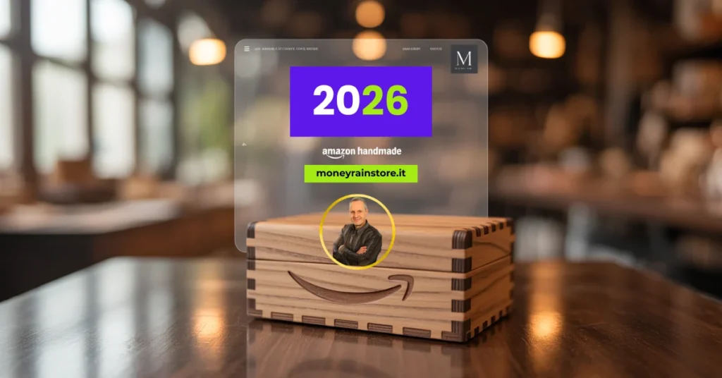 Amazon Handmade 2026 Scatola in legno artigianale con logo Amazon su tavolo moderno e interfaccia digitale trasparente con scritta 2026 e logo Michele Stedile.
