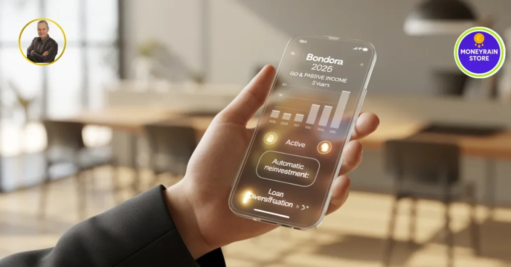 Bondora 2026: Recensione e Strategia per una Rendita Passiva Sicura Mano che tiene uno smartphone futuristico con l'interfaccia dell'app Bondora 2026 che mostra grafici di rendita passiva e reinvestimento automatico.