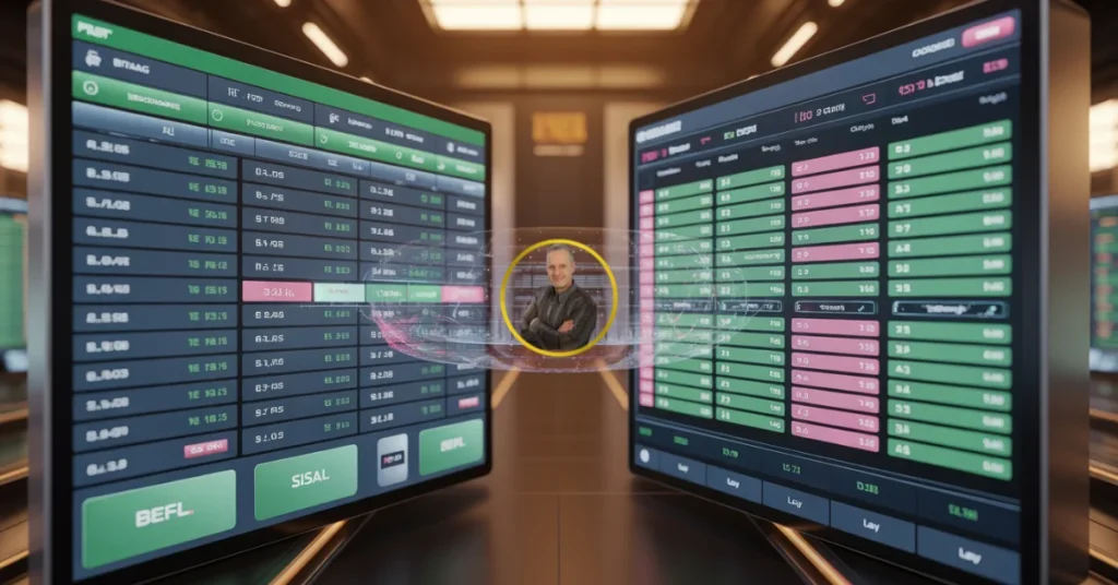 Betting Exchange BetFlag Sisal - Due interfacce di scommesse digitali affiancate in un ambiente trading finanziario, che mostrano quote verdi e rosa con i loghi stilizzati di BetFlag e Sisal, e il logo centrale di Michele Stedile.