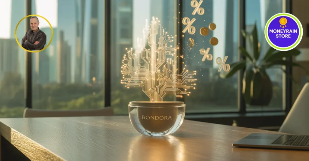 Bondora 2026 - Un albero digitale luminoso con circuiti integrati cresce da un vaso con logo Bondora su una scrivania, con simboli di percentuale e monete fluttuanti.