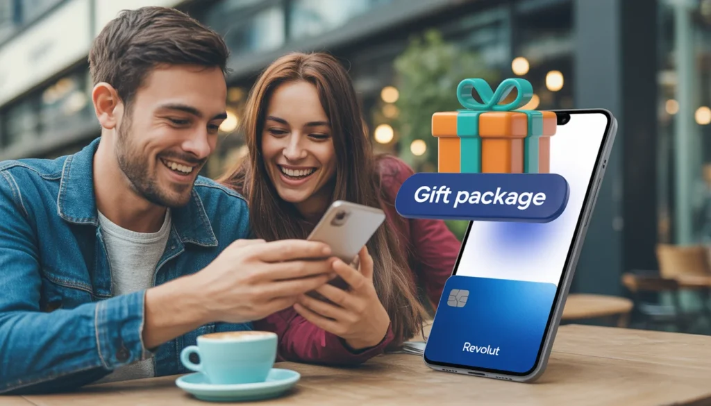 Recensione Revolut 2026: È ancora la Migliore App per Gestire il Tuo Denaro? (Guida e Bonus) Due amici ridono guardando l'app Revolut in un caffè, con un'icona 3D di un pacco regalo che indica un bonus in denaro.