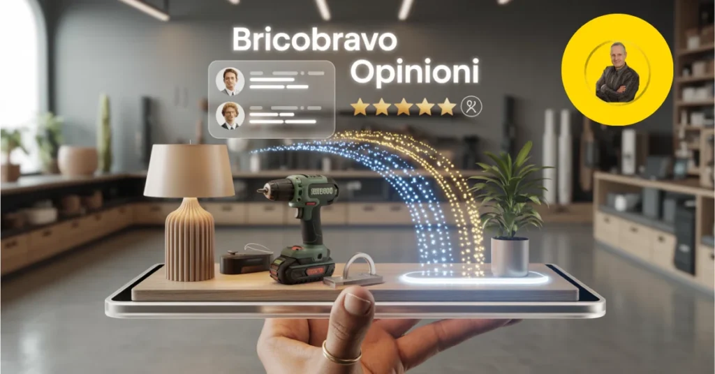 Una mano che tiene un tablet futuristico trasparente che mostra recensioni a 5 stelle 'BRICOBRAVO OPINIONI' sopra un display di prodotti per il fai-da-te premium, con il logo di Michele Stedile.