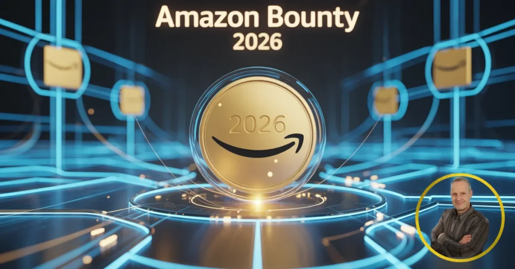 Immagine di copertina futuristica per Amazon Bounty 2026 con moneta d'oro, rete tech e logo trasparente di Michele Stedile nell'angolo.