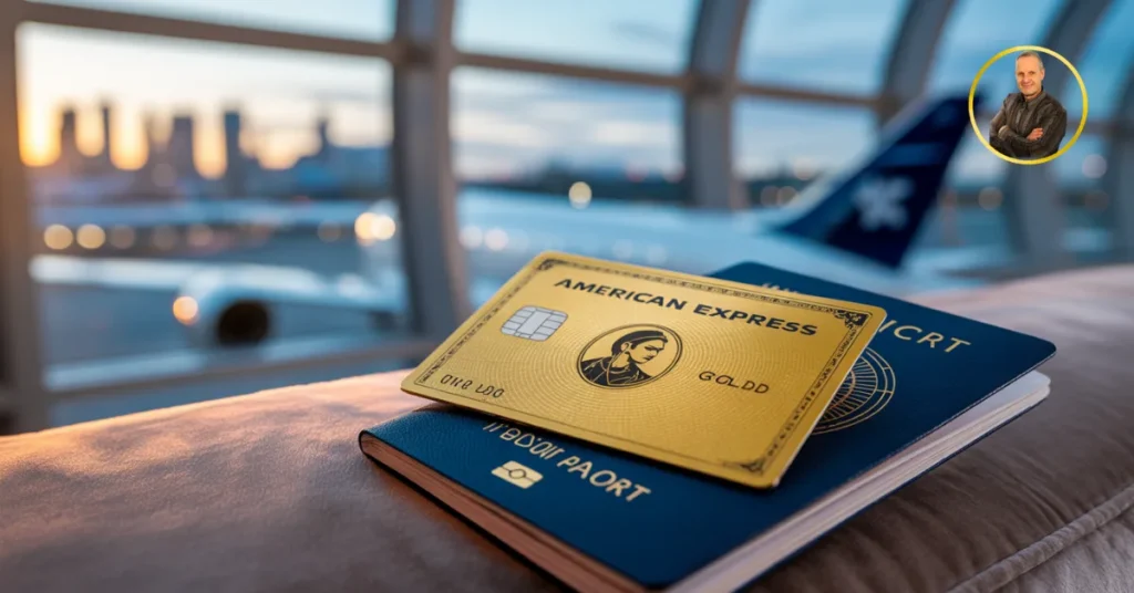 Primo piano realistico e dettagliato della Carta American Express Goldd metallica su passaporto in una lussuosa lounge VIP aeroportuale al tramonto, con logo di Michele Stedile. Carta Amex Oro 2026