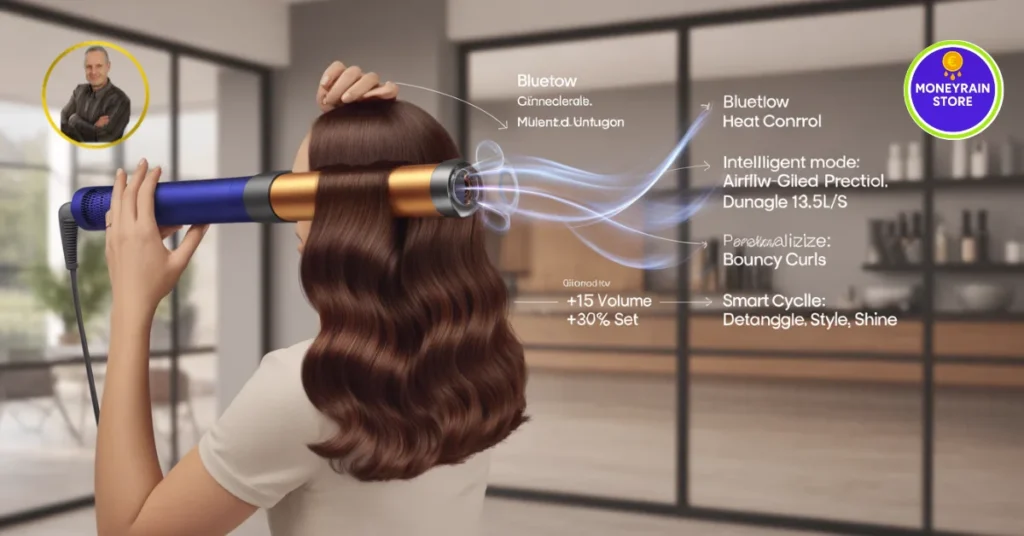 Dyson Airwrap i.d. Styler: Costa una fortuna, ma vale davvero l'investimento nel 2026? Dyson Airwrap i.d. Recensione 2026 - Vista posteriore di una donna che usa la piastra per capelli Dyson Airwrap i.d. con interfaccia olografica che mostra dati tech 'Bluetow Heat Connrol' e 'Smart Cyelle', e i loghi grandi di MoneyRainStore e Michele Stedile.