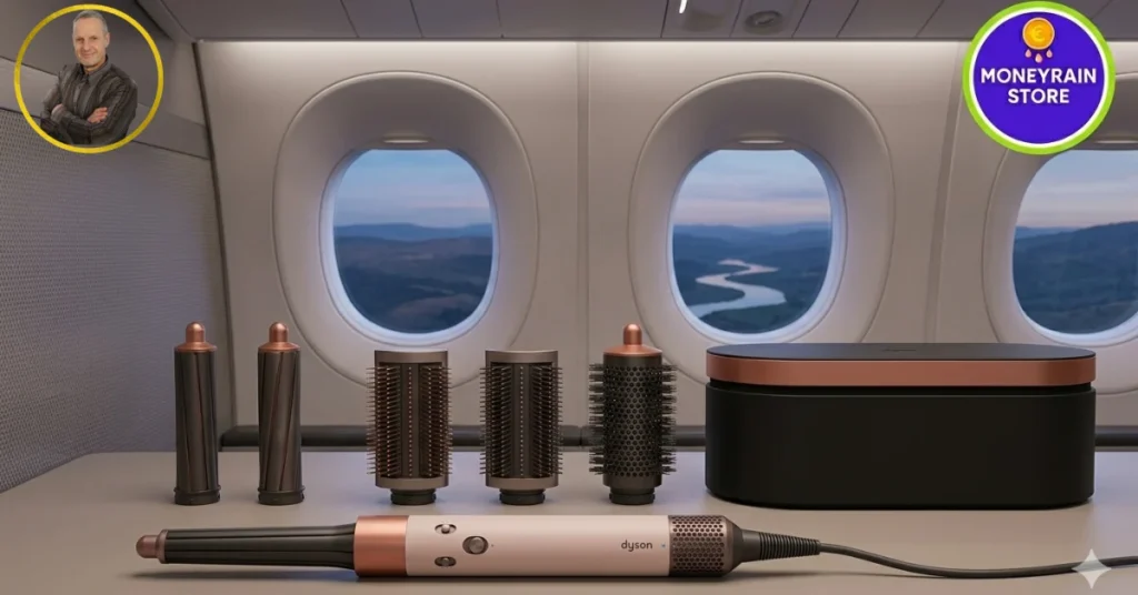 Dyson Airwrap i.d. Recensione 2026 - Recensione completa del Dyson Airwrap: unboxing completo con 5 accessori e custodia termica su una superficie premium, ambientazione di cabina al tramonto e i loghi grandi di MoneyRainStore e Michele Stedile.