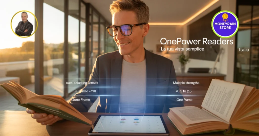 OnePower readers recensioni - Uomo che indossa occhiali OnePower Readers auto-regolabili mentre legge un libro e lavora al tablet, con interfaccia olografica che mostra dati '+0.5 to +2.5' e il logo di MoneyRainStore.