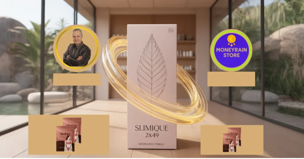 Recensione completa del Slimique 2x49: uso dinamico con interfaccia olografica tech che mostra dati tech '+15% VOLUME' e 'Intelllligent mode', e i loghi grandi di MoneyRainStore e Michele Stedile.
