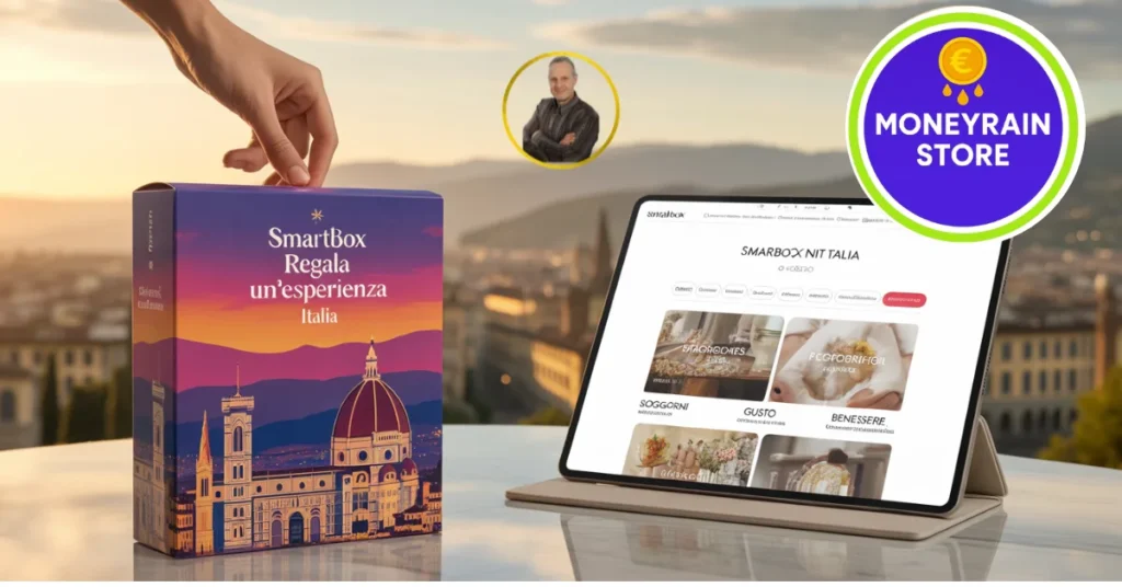 Una mano tiene un cofanetto Smartbox viola/fucsia con lo skyline di Firenze, accanto a un tablet che mostra il sito 'SMARTBOX ITALIA' aperto, e il logo grande di 'MONEYRAINSTORE' in alto a destra.
