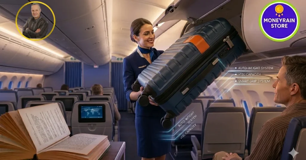Trolley 55x40x20: Il Miglior Bagaglio a Mano del 2026 per Low Cost Trolley 50x40x20 - Uomo seduto su un aereo che guarda un'hostess mentre stiva un trolley blu con dettagli arancioni in una cappelliera, con interfaccia olografica che mostra dati '+15L' e 'SMART GRIP SYSTEM', e il logo grande di MoneyRainStore.