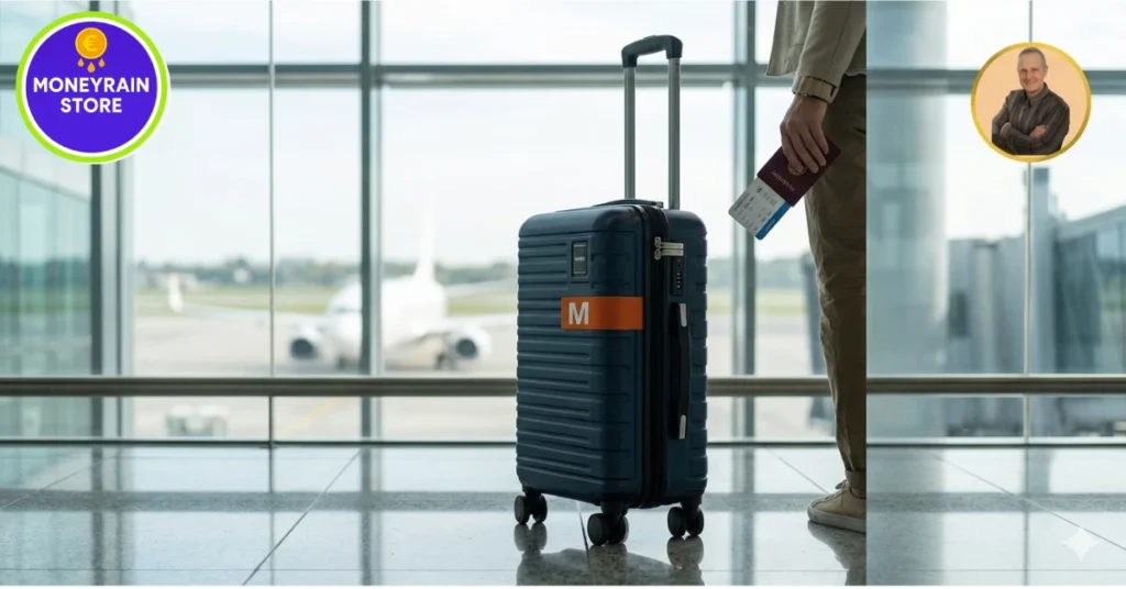 Trolley 55x40x20 - Uomo che tiene un passaporto e un biglietto aereo accanto a un trolley blu con il logo 'M', in un aeroporto moderno e luminoso con smart TV sullo sfondo sfocato, e il logo grande di MoneyRainStore.