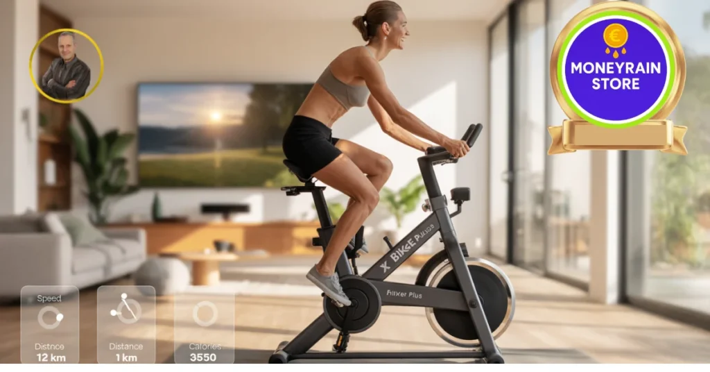 Una persona fitness pedala su una cyclette X BIKE PLUS 149 in un salotto moderno e luminoso al tramonto, con il logo di MoneyRainStore.