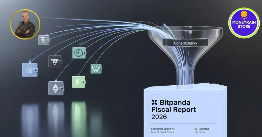 Investire in Crypto 2026: Guida a Bitpanda, Oro e Tassazione Investire in crypto 2026 - Infografica 3D che mostra flussi di dati da più wallet di criptovalute (BTC, ETH, etc.) che convergono in un imbuto di consolidamento per creare un unico report fiscale Bitpanda del 2026.