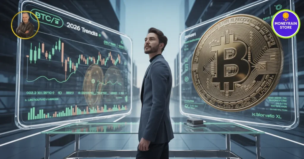 Investire in crypto 2026 - Un trader osserva grafici finanziari olografici accanto a un grande Bitcoin dorato in un ufficio futuristico.