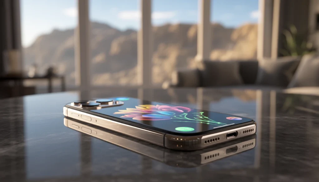 Un iPhone (modello 2026) ricondizionato e 'come nuovo' in mostra su un tavolo di marmo, con vista lago. - iPhone ricondizionati 2026