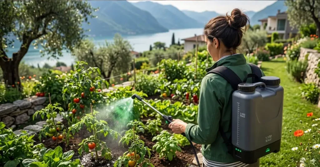 Una donna utilizza la migliore pompa a spalla 16 litri per irrigare un orto rigoglioso con vista lago.
