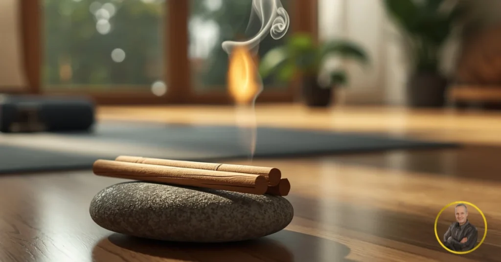 Bastoncini di Palo Santo benefici che bruciano su una pietra con fumo profumato in un ambiente zen per la meditazione.