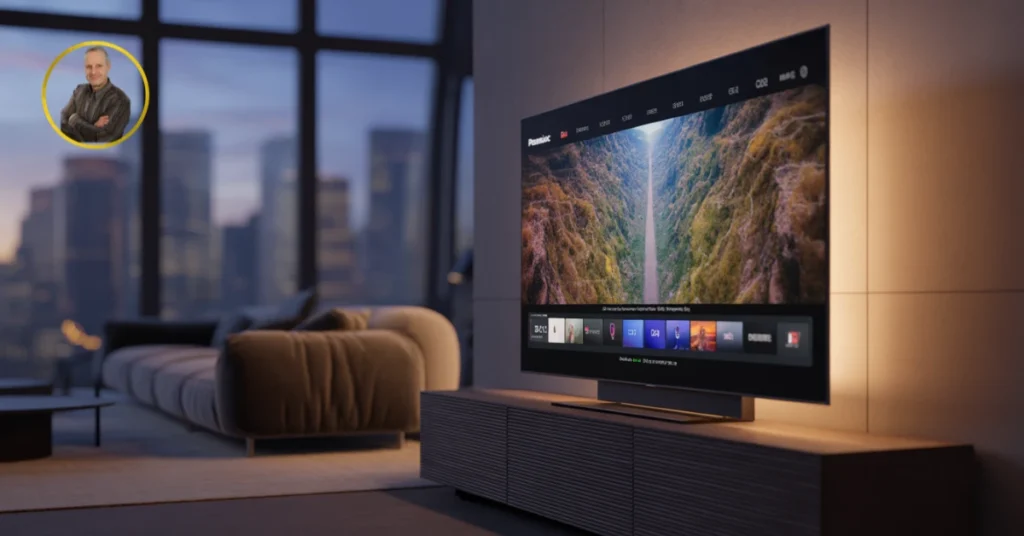 Panasonic Smart TV OLED TV-55Z90AEG accesa su console in salotto di lusso con skyline cittadino serale e logo di Michele Stedile.
