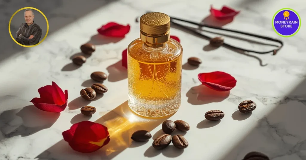 Migliori Profumi Equivalenti 2026: Il Lusso di Iyaly a Piccoli Prezzi Profumi equivalenti 2026 - Primo piano di un flacone di profumo dorato Iyaly circondato da chicchi di caffè e petali rossi su marmo.