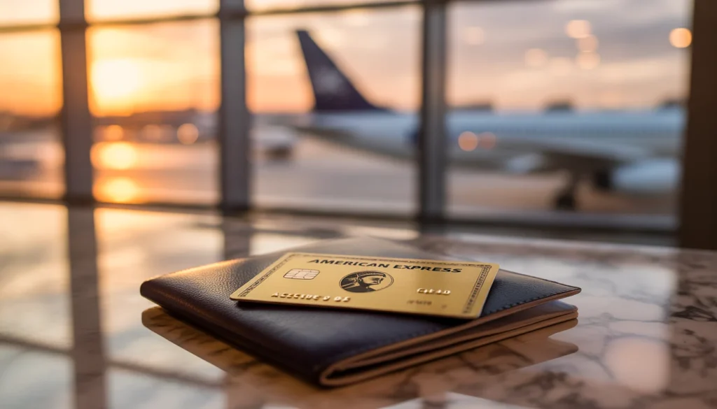 Carta American Express Oro appoggiata su un passaporto di pelle in aeroporto con aereo al tramonto sullo sfondo. Recensione Amex Oro