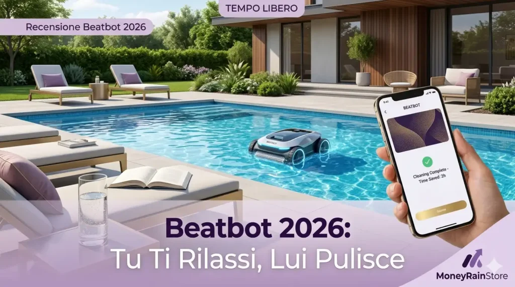 Robot pulitore Recensione Beatbot 2026 in funzione in una piscina moderna con smartphone che mostra il completamento della pulizia e risparmio di tempo.