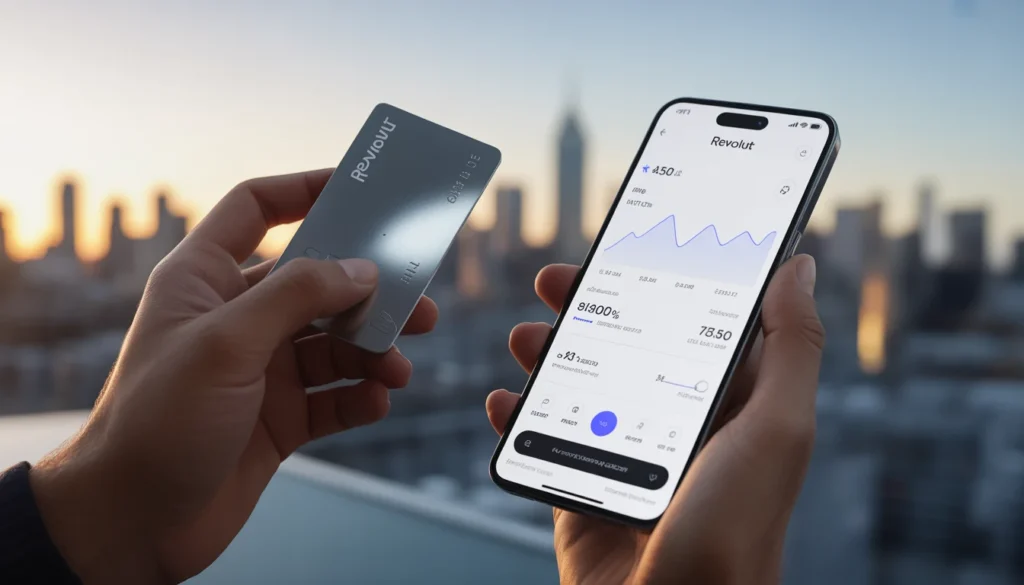 Mano che tiene una carta Revolut silver davanti a uno skyline urbano con smartphone che mostra i grafici di risparmio dell'app. Recensione Revolut 2026