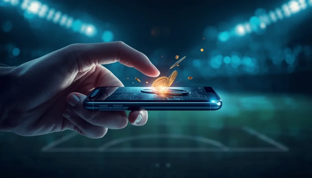 Marathonbet Cashback 15%: La Guida Esclusiva al Rimborso Mensile (Solo per i nostri lettori) Mano che tiene uno smartphone con effetto magnete che attira monete d'oro su sfondo di un campo da calcio sfocato.