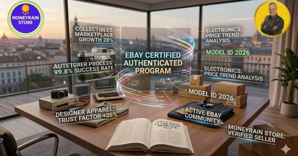 risparmiare-su-ebay-2026 - Scrivania tech con oggetti vintage, pacchi eBay e interfaccia olografica che mostra il programma di autenticazione certificata eBay 2026, con loghi MoneyRainStore e Michele Stedile.