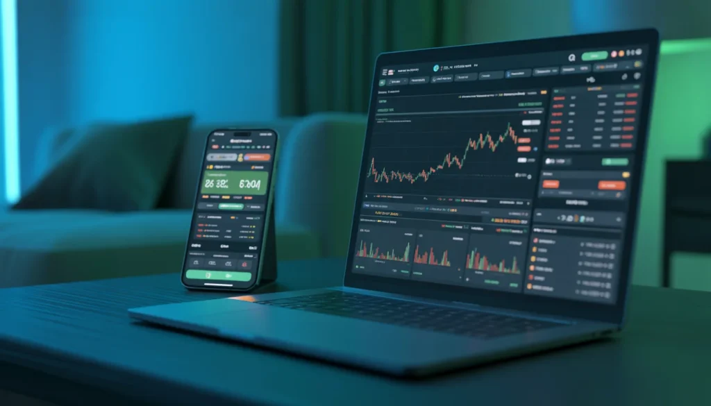 Laptop con grafici di analisi dati e smartphone con app scommesse Marathonbet in un ufficio moderno con luci blu. Cashback Marathonbet 15%