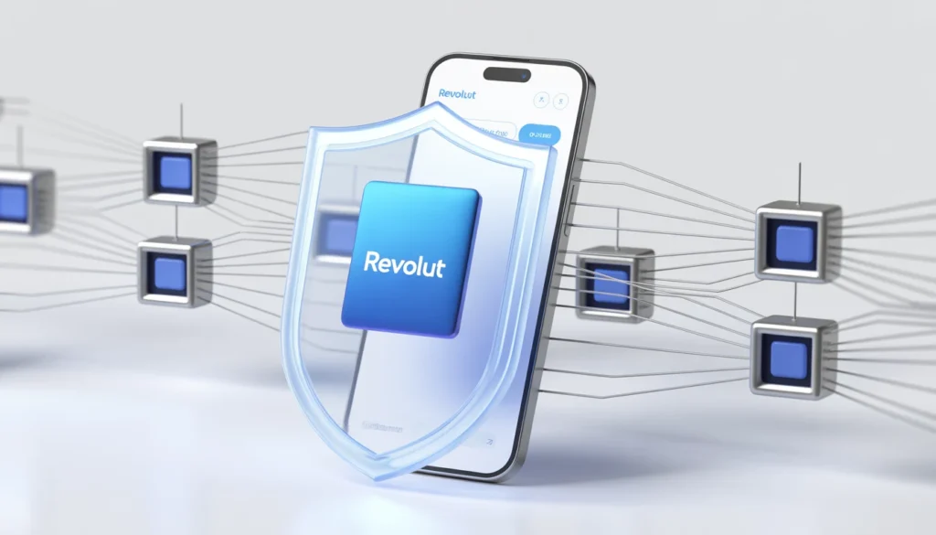Recensione Revolut 2026: È ancora la Migliore App per Gestire il Tuo Denaro? (Guida e Bonus) Illustrazione 3D di uno scudo digitale blu che protegge uno smartphone con logo Revolut e connessioni IA sullo sfondo.
