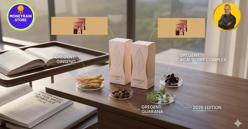 Slimique 2x49: Recensione, Analisi Ingredienti e Opinioni 2026 Uso dinamico dei cerotti dimagranti Slimique 2x49 con interfaccia olografica tech che mostra dati tech 'Bluetow Heat Connrol' e 'Intelllligent mode', e i loghi grandi di MoneyRainStore e Michele Stedile.