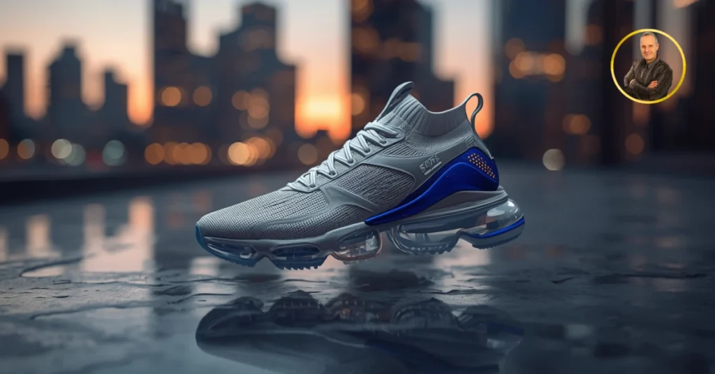 Una sneakers fluttuante futuristica con materiali iridescenti e suola trasparente in un'ambientazione urbana al tramonto, con il logo di Michele Stedile. - Sneakers di moda 2026