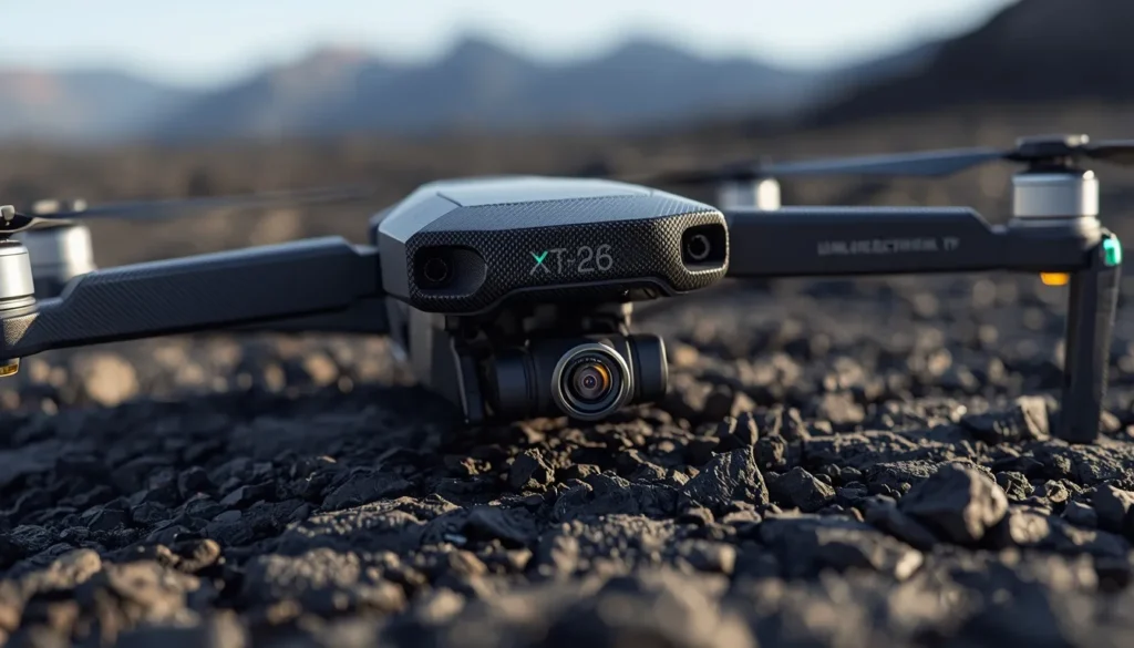 XTactical Drone recensione: Dettaglio della fotocamera HD e dei sensori del drone XT-26 pieghevole.