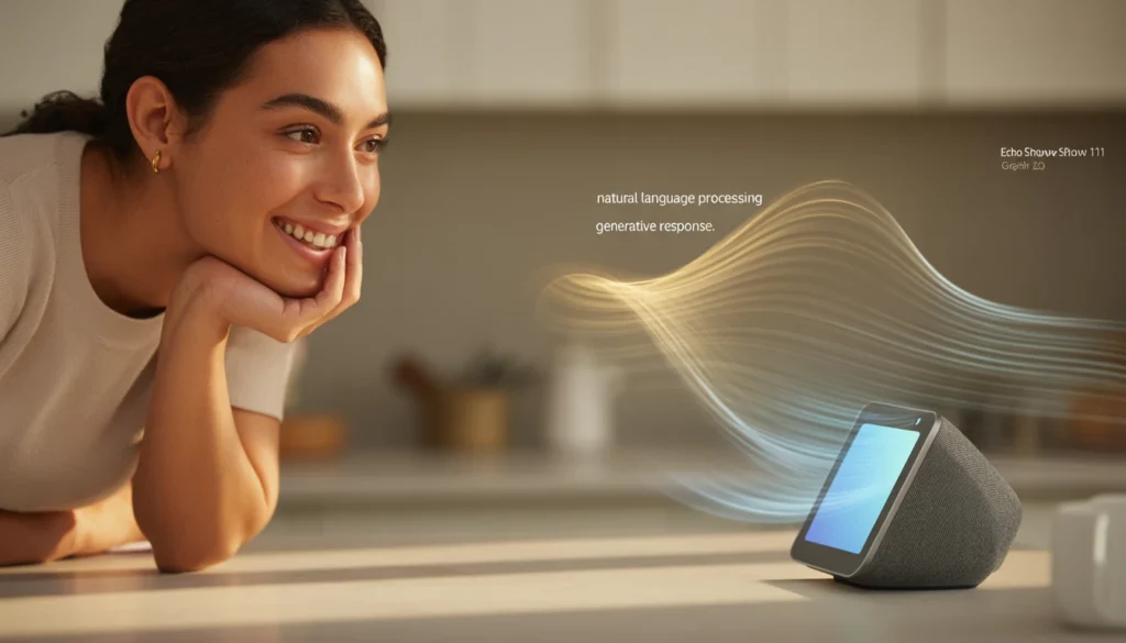 Alexa e l'Intelligenza Artificiale: La Guida Definitiva 2026 Alexa intelligenza artificiale;Una donna italiana interagisce in modo naturale e felice con un Amazon Echo Show 11 che elabora la sua voce con l'IA Alexa+.