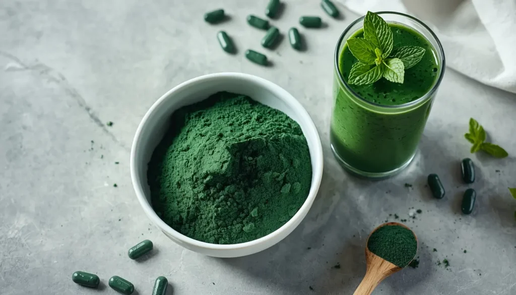 Migliore Spirulina Bio 2026 - Polvere di alga spirulina biologica in una ciotola bianca con smoothie verde energizzante.