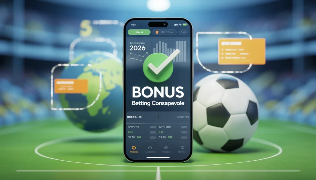 Analisi bonus scommesse - Smartphone con interfaccia pulita per l'analisi bonus scommesse consapevole del 2026. L'immagine mostra grafici e la scritta 'BETTING CONSAPEVOLE' su uno sfondo di stadio sfocato."