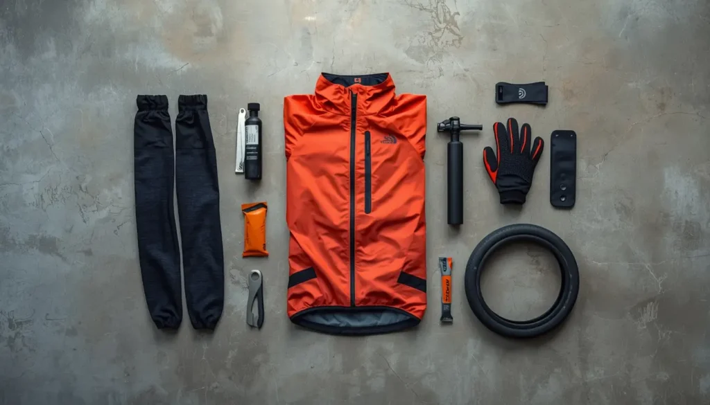 Uscita bici 1 maggio: la checklist definitiva per gestire il meteo variabile Uscita bici 1 maggio ; Un flat lay di attrezzatura essenziale per il ciclismo in primavera: mantellina, manicotti, guanti, barrette energetiche e attrezzi su fondo cemento.
