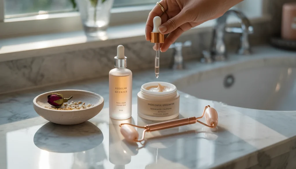 Profumi e Cosmetica 2026: Come Riconoscere il Vero Valore di ciò che Acquisti profumi e cosmetica 2026 - Set di cosmetici di lusso con siero, crema viso e roller di quarzo rosa su marmo.