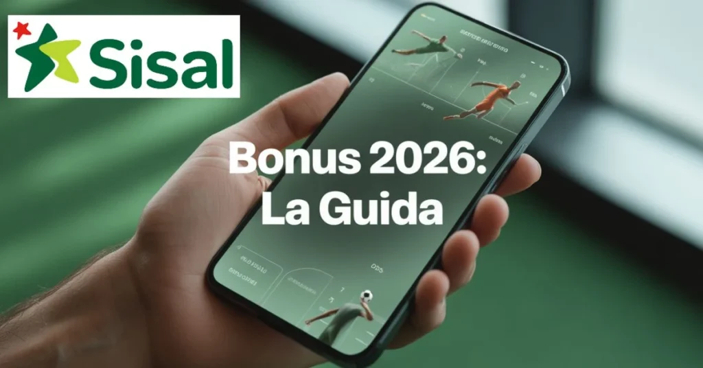 Bonus Benvenuto SISAL 2026 - Schermata smartphone con interfaccia scommesse verde e scritta bianca 'Bonus 2026: La Guida', con logo Sisal in alto. Mostra la guida al bonus benvenuto Sisal 2026