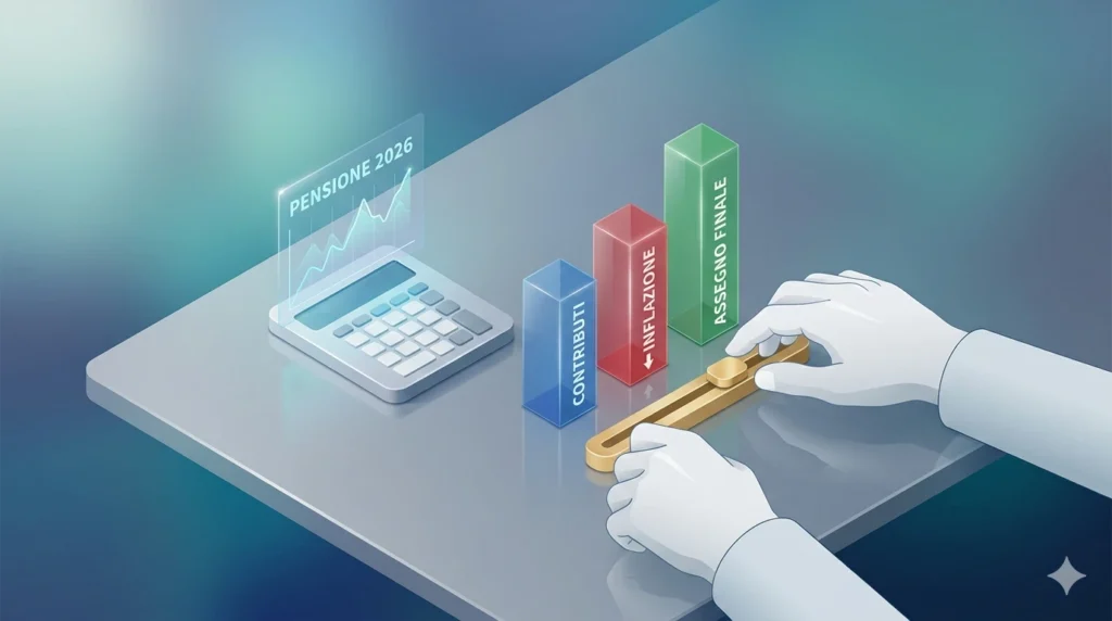 Pensioni 2026 News: Tutto quello che devi sapere sulla Nuova Manovra e come tutelarti "Illustrazione isometrica di una calcolatrice e colonne che rappresentano contributi e inflazione, con testo Pensione 2026 news."