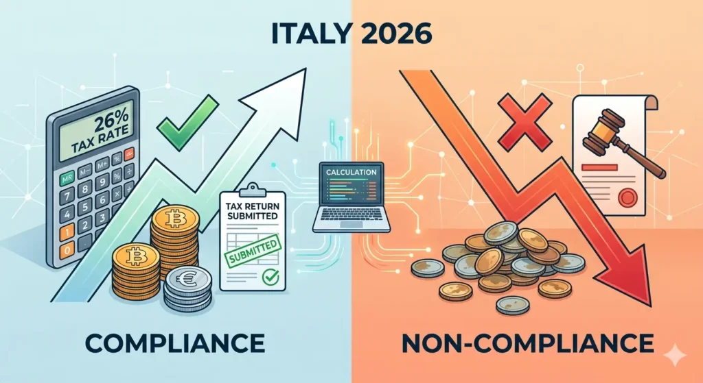Fisco Criptovalute 2026: La Guida Definitiva tra Quadro RW e Ravvedimento Operoso Fisco criptovalute 2026 - Confronto visivo tra il calcolo dell'aliquota 26% sulle plusvalenze criptovalute (compliance) e il rischio sanzioni."