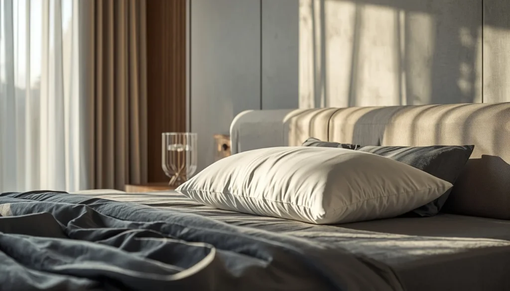 Cuscino Antirughe 2026: La Nuova Frontiera del Beauty Sleep Cuscino antirughe 2026 bianco su un letto moderno con lenzuola scure e luce solare naturale.