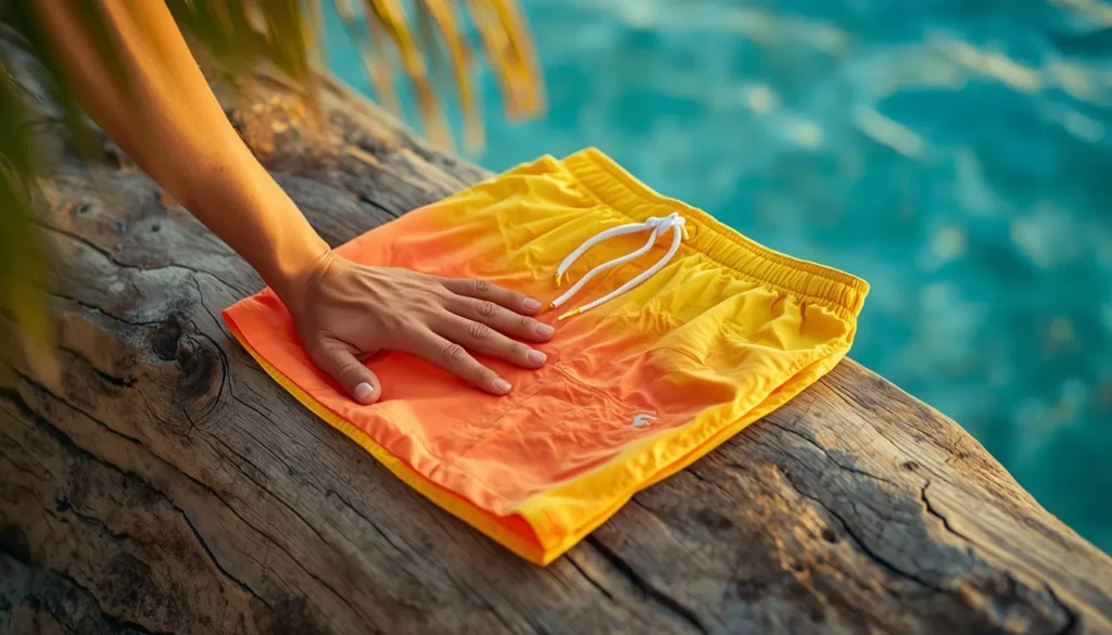 SwimShader recensione 2026; Impronta di una mano arancione su un paio di pantaloncini da bagno gialli che cambiano colore per reazione termica.