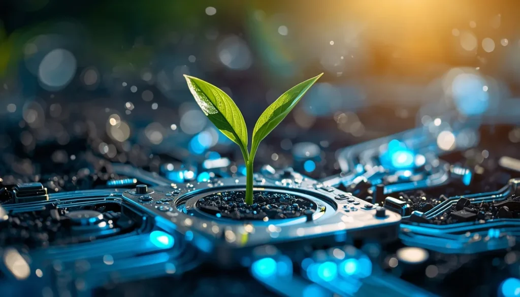 Risparmio e Guadagno Online 2026: Strategie per la Libertà Finanziaria Germoglio verde che cresce da un circuito elettronico blu, simbolo della crescita del risparmio e guadagno online 2026."