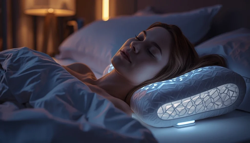 Dettaglio di una donna che dorme su un cuscino antirughe 2026 con struttura geometrica illuminata a LED, ambientazione notturna.