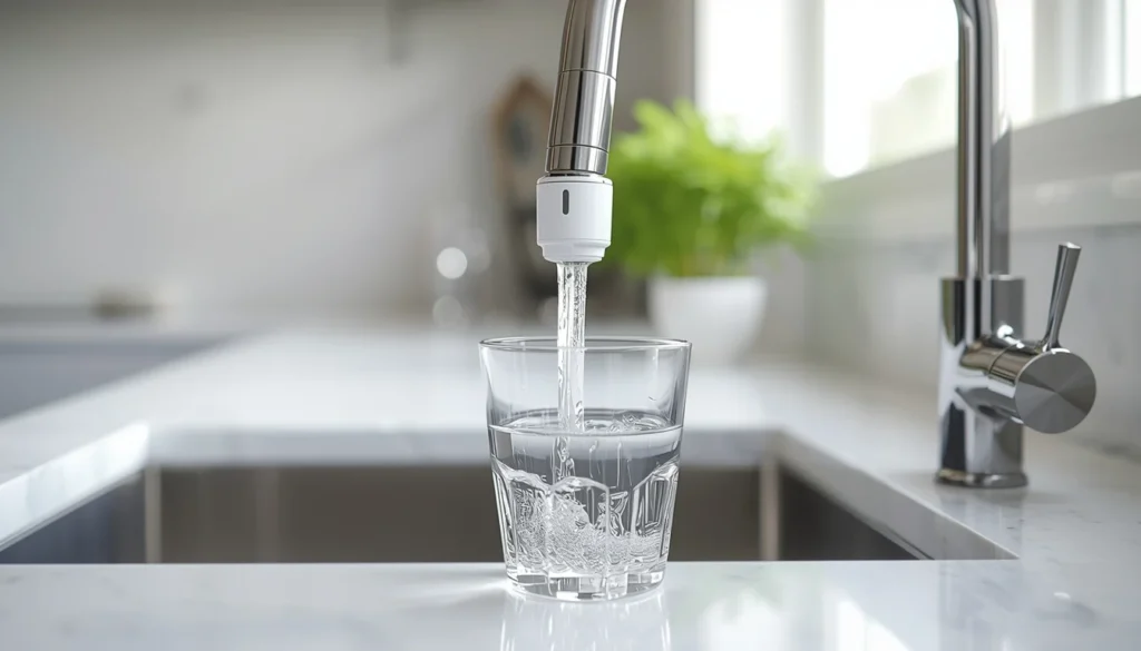 Acqua filtrata 2026; Un bicchiere riempito di acqua filtrata pura da un depuratore installato su un rubinetto moderno in una cucina luminosa."