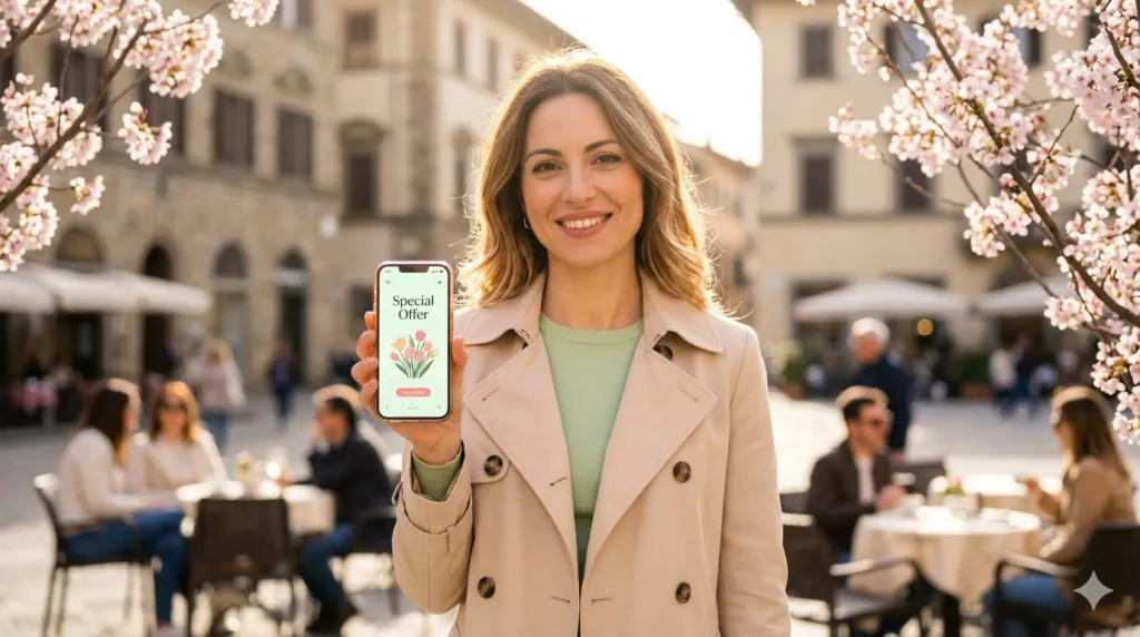 Offerte IYALY 2026: Guida agli Sconti del Mese e Promozioni Lampo Offerte IYALY 2026 - Elegante donna italiana sorride in una piazza fiorita in primavera mentre mostra uno smartphone con un'offerta speciale IYALY attive."
