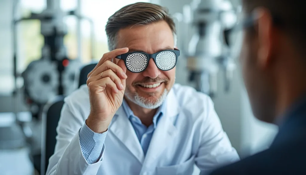 Occhiali Stenopeici 2026: La Guida Completa tra Metodo Bates e Scienza Dottore mostra un paio di occhiali forati stenopeici 2026 in uno studio medico per il controllo della vista."