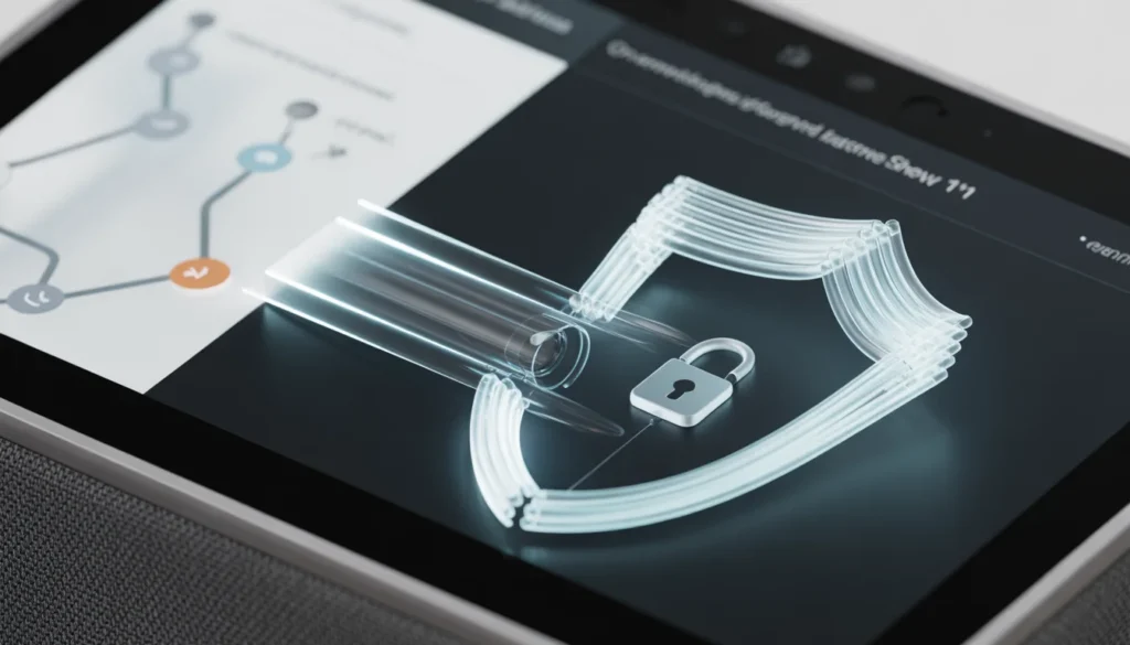 Alexa e l'Intelligenza Artificiale: La Guida Definitiva 2026 Alexa intelligenza artificiale "Schermata della dashboard di privacy e sicurezza dati su Amazon Echo Show 11 con icone di lucchetto e scudo."