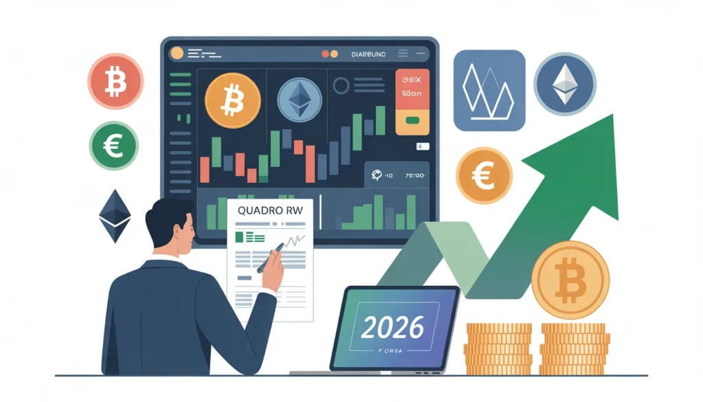 Fisco criptovalute 2026 - Persona che analizza la dichiarazione fiscale criptovalute 2026 con un dashboard digitale che mostra grafici di Bitcoin ed Ethereum."